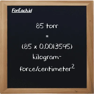 Cara konversi torr ke kilogram-force/centimeter<sup>2</sup> (torr ke kgf/cm<sup>2</sup>): 85 torr (torr) setara dengan 85 dikalikan dengan 0.0013595 kilogram-force/centimeter<sup>2</sup> (kgf/cm<sup>2</sup>)